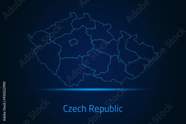 Fototapeta Abstract High Detailed Glow Blue Map on Dark Background of Map of Czech Republic symbol for your web site design map logo, app, Travel. Vector illustration eps 10.	
