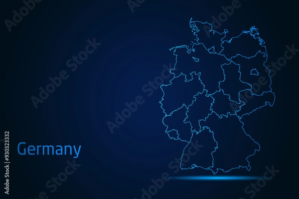 Fototapeta Abstract High Detailed Glow Blue Map on Dark Background of Map of Germany symbol for your web site design map logo, app, Travel. Vector illustration eps 10.	
