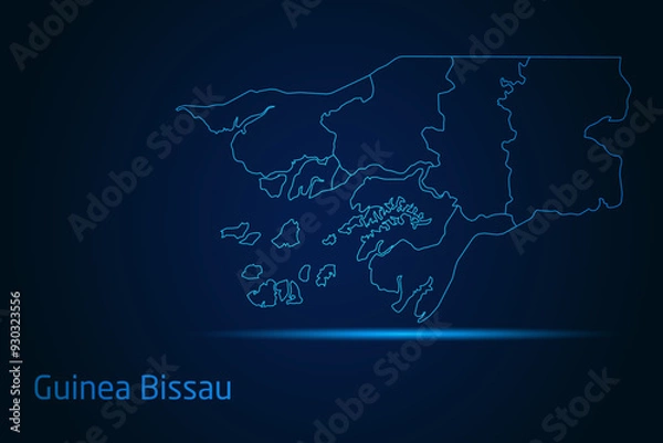 Fototapeta Abstract High Detailed Glow Blue Map on Dark Background of Map of Guinea Bissau symbol for your web site design map logo, app, Travel. Vector illustration eps 10.	
