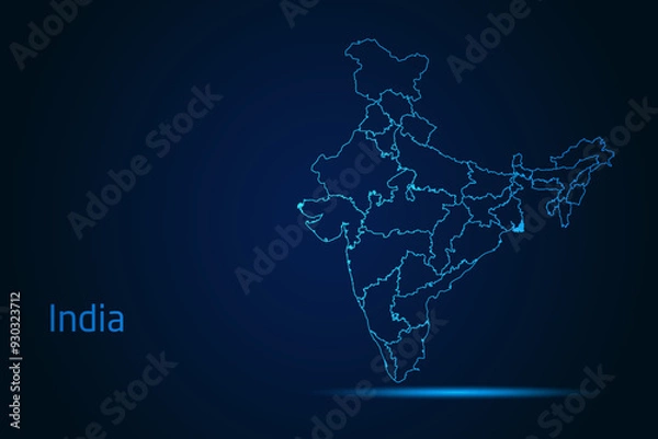 Obraz Abstract High Detailed Glow Blue Map on Dark Background of Map of India symbol for your web site design map logo, app, Travel. Vector illustration eps 10.	
