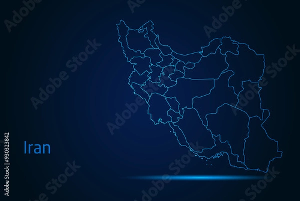 Fototapeta Abstract High Detailed Glow Blue Map on Dark Background of Map of Iran symbol for your web site design map logo, app, Travel. Vector illustration eps 10.	
