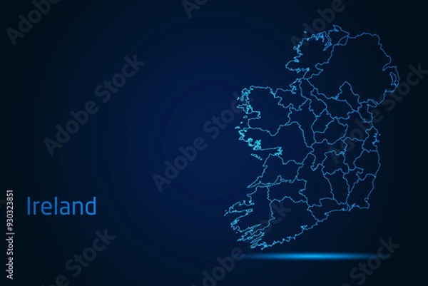 Fototapeta Abstract High Detailed Glow Blue Map on Dark Background of Map of Ireland symbol for your web site design map logo, app, Travel. Vector illustration eps 10.	
