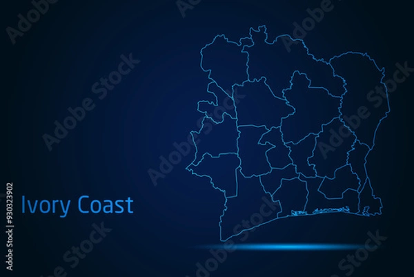 Fototapeta Abstract High Detailed Glow Blue Map on Dark Background of Map of Ivory Coast symbol for your web site design map logo, app, Travel. Vector illustration eps 10.	
