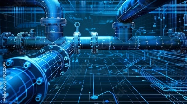 Obraz Building pipe and valve tube system architectural blueprint, industrial engineering construction design, factory pipeline technology equipment, gas or oil pump safety structure