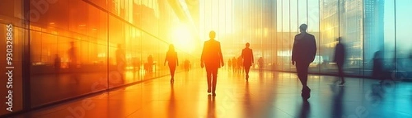 Fototapeta Business Professionals Walking in Modern Office Building at Sunset with Motion Blur Effect