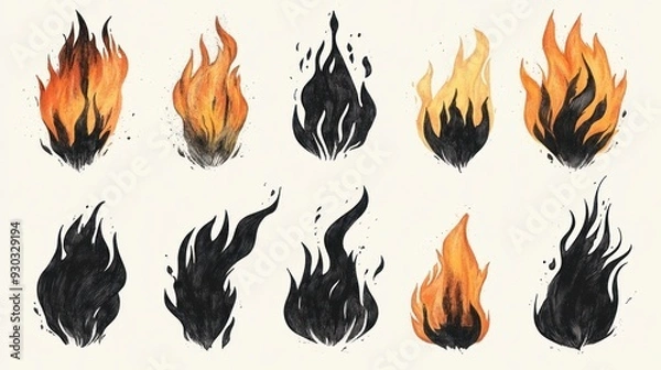 Fototapeta Watercolor Illustration of Various Flame Shapes