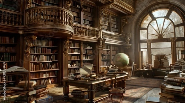 Obraz World of Knowledge: A Library with Globe