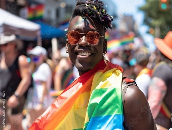 Obraz Pride Parade Participant with Rainbow Flag