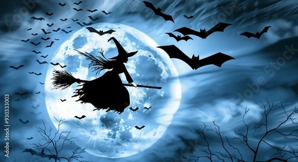 Obraz Midnight Flight: Witch and Bats Against Full Moon
