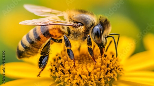 Fototapeta A close-up of a large striped bee collecting honey from a yellow flower on a sunny, bright day. This macro horizontal photograph captures the essence of summer and spring.