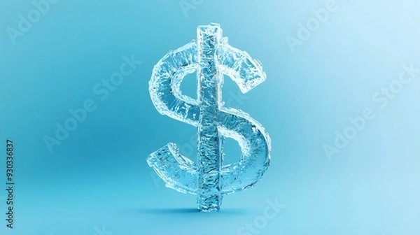 Fototapeta A 3D dollar sign made of ice, with frosty edges, positioned on a gradient background transitioning from icy blue to white, cool ambient lighting creating a crisp and clean visual, symbolizing cold