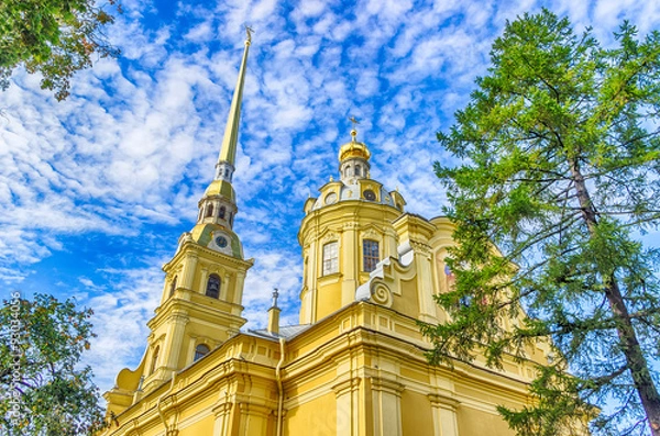 Fototapeta Peter and Paul Cathedral bell tower view from below up  clear sk