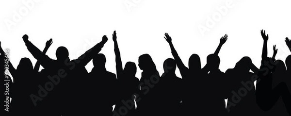Obraz Black silhouette of cheering crowd in seamless pattern on transparent background - concert, performance, nightclub party or sports event fans	
