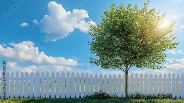 Obraz A lush tree stands by a white picket fence, with wildflowers and a serene blue sky enhancing the scene.