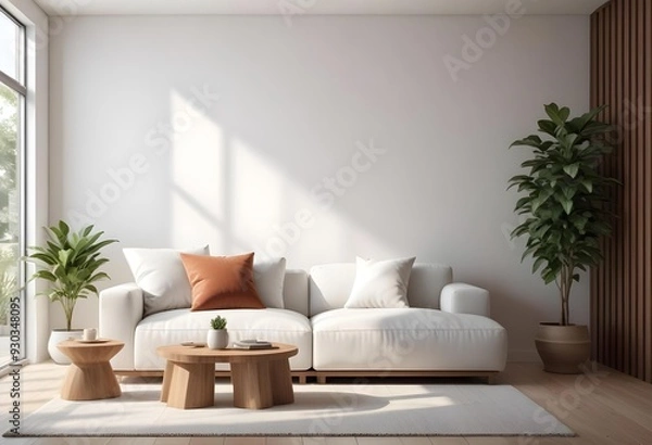 Fototapeta A modern, minimalist living room with a large, comfortable white sofa, accent pillows, and a wooden coffee table. The room is clean.