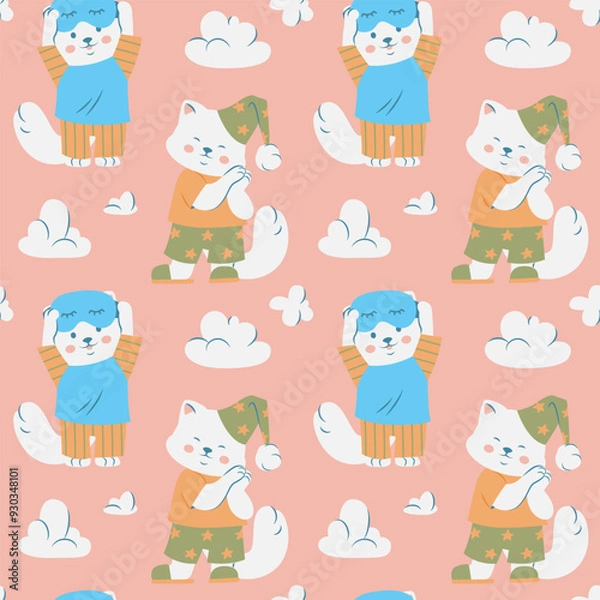 Fototapeta Cute Cat Sleep Pattern with Clouds and Pajamas
