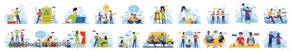 Fototapeta Bundle of back to school concepts with people scene in flat cartoon design. A large selection of colorful images with boys and girls in different school situation. Vector illustration.