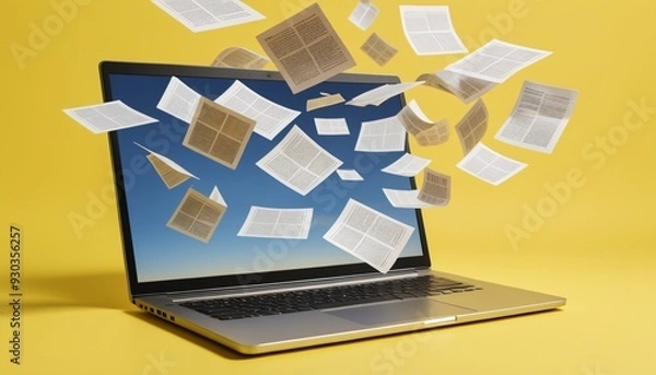 Fototapeta Laptop with flying papers against a yelloe background, illustrating an information overload concept.