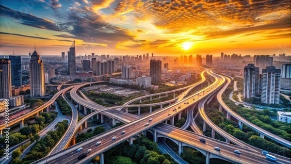 Fototapeta Aerial view of a bustling metropolis at sunset, with a network of roads and highways forming a intricate pattern of lines and shapes.