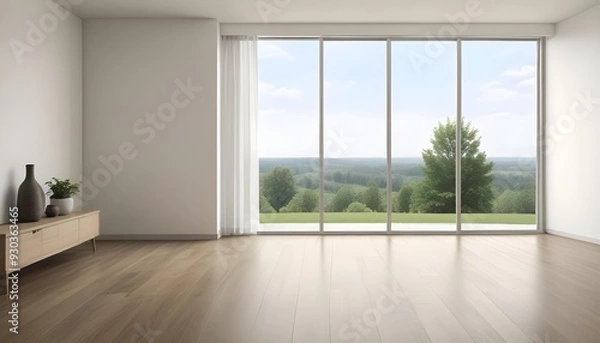 Fototapeta Empty room with large window overlooking a green outdoor landscape.