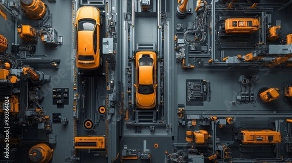 Fototapeta Image of a car assembly line with robotic arms dedicated to the production of state-of-the-art electric vehicles.