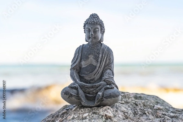 Obraz Kleine Buddha Statue auf Felsen am Meer, Meditation am Kraftort
