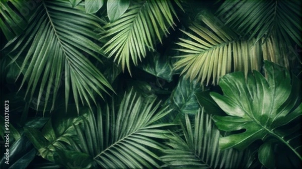 Fototapeta closeup nature view of green leaf and palms background. Flat lay, dark nature concept, tropical leaf , ai