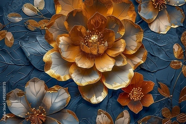 Fototapeta Golden Floral Elegance - Exquisite Metallic Petals on Deep Blue Textured Background