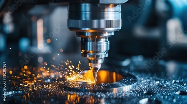 Fototapeta Close-up of a milling machine cutting metal, showcasing the precision and power of industrial machining tools.