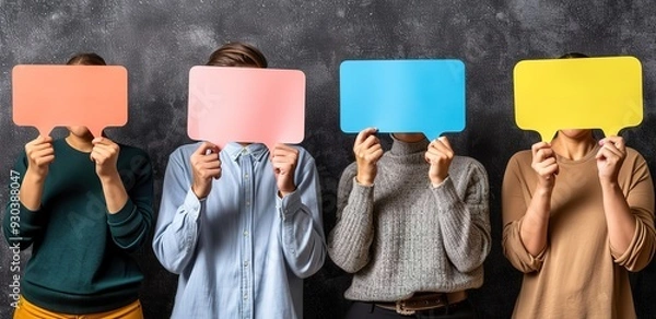 Fototapeta Four people holding colorful speech bubbles in front of their faces. Concept of communication, dialogue, and anonymity.