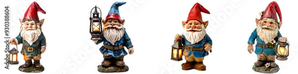 Fototapeta Set of a cheerful garden gnome holding a lantern isolated on transparent background.