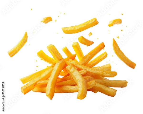 Obraz A pile of golden french fries with some scattered in the air.