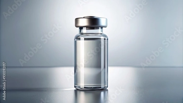 Fototapeta A solo vaccine vial sits upright on a pristine white background, its transparent glass and silver cap gleaming under soft, even lighting.