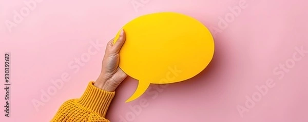 Fototapeta Hand holding a yellow speech bubble against a pink background. Concept of communication, conversation, and ideas.