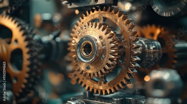 Fototapeta Close-up of gears and cogs inside a complex machine, highlighting precision engineering in machinery.