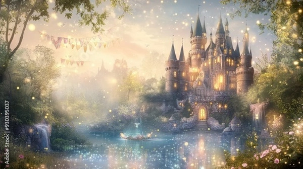 Fototapeta A magical castle surrounded by a serene landscape, sparkling lights, and gentle water flow.