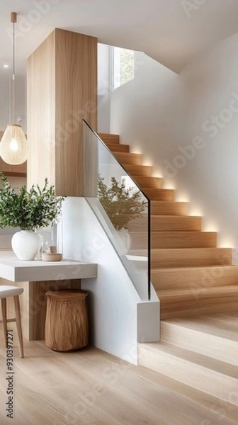 Fototapeta A staircase with a glass railing and a white railing