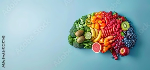 Fototapeta Brain shape made of fresh fruits and vegetables on blue background. Healthy food for brain health, cognitive function and mental wellbeing.