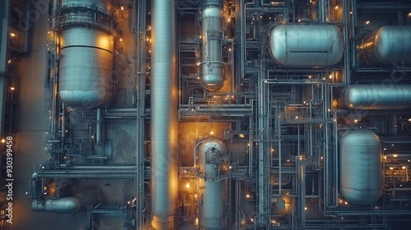 Fototapeta Complex network of pipes in an oil refinery, representing the critical role of piping systems in energy production.