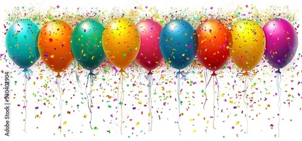 Fototapeta Colorful balloons and confetti falling on a white background. Perfect for birthday celebrations, parties, and special events.