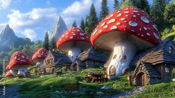 Fototapeta A group of houses with mushrooms on top are in a village, AI
