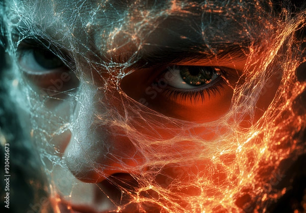 Fototapeta A haunting close-up reveals a face ensnared within a spider web, illuminated by eerie red and orange hues, symbolizing the grip of addiction.