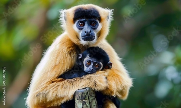Obraz Leaf Monkeys or Dusky Langur and mother who are living in the forest, Animals with their babies in Thailand
