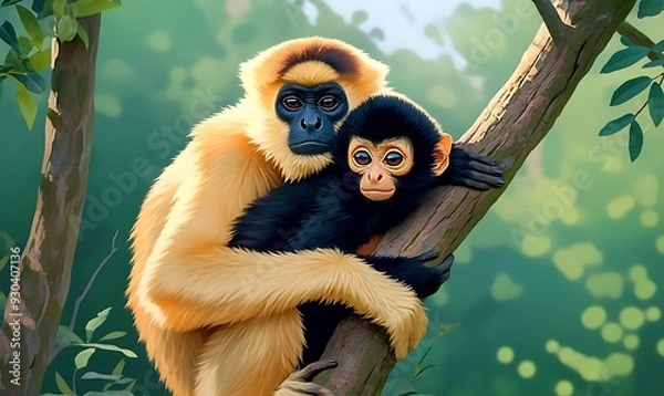 Fototapeta Leaf Monkeys or Dusky Langur and mother who are living in the forest, Animals with their babies in Thailand
