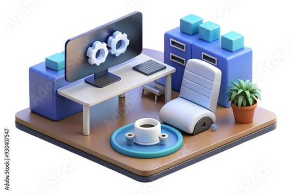 Fototapeta 3D AI Enhanced Workspace Background: Modern Office Space with Integrated AI Devices for Innovation and Productivity
