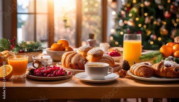 Fototapeta Cheerful New Year's brunch featuring an assortment of pastries, fruits, and beverages in a bright and festive environment
