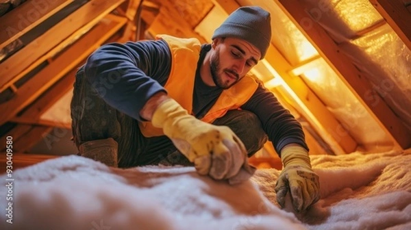 Fototapeta Bright Attic Renovation: Handyman Installing Fresh Insulation in Renovated Home with Natural Light Highlights Work Space
