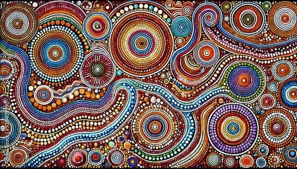 Fototapeta Brightly colored Australian Aboriginal dot painting style art features intricate designs, symbolizing nature, spirituality, and heritage in a traditional, expressive manner.