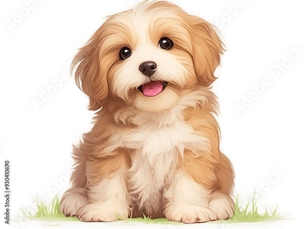 Fototapeta a cute happy reddish havanese puppy dog sitting isolated on white background.
