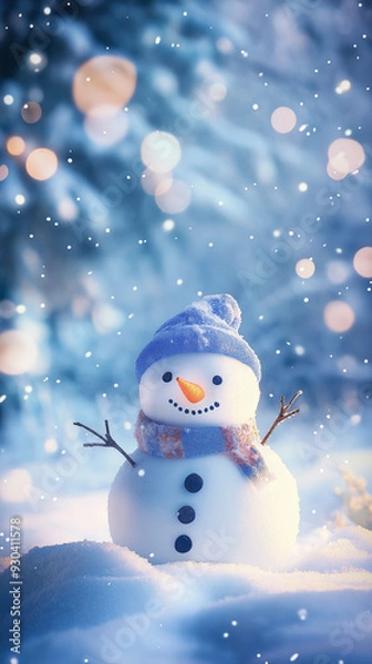 Fototapeta A snowman with a blue hat and scarf, standing in the snow with snowfall and bokeh lights, creating a serene and festive winter scene with copy space.
